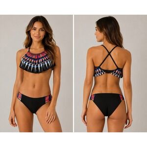 PINK Victoria's Secret Bikini Top Small Black Multicolor Flounce Ruffle Swim Top